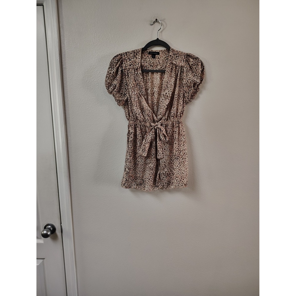 Max Edition Womens Floral Puff Sleeve Tie Waist V-Neck Blouse Tan Brown Size M